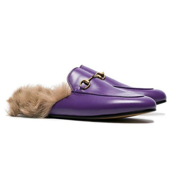Gucci Princetown Purple Leather Beige Nude Fur Loafer Slide Mule Slipper Flat 37 - Picture 3 of 10